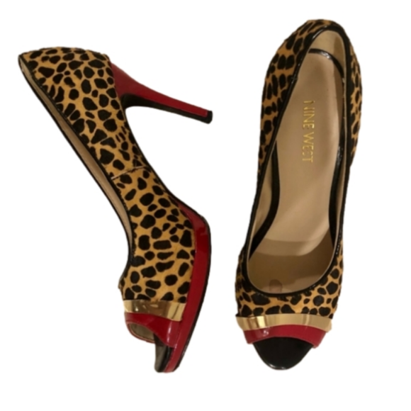 NINE WEST Leopard Print Peep Toe Heels Size 10M - Picture 2 of 3